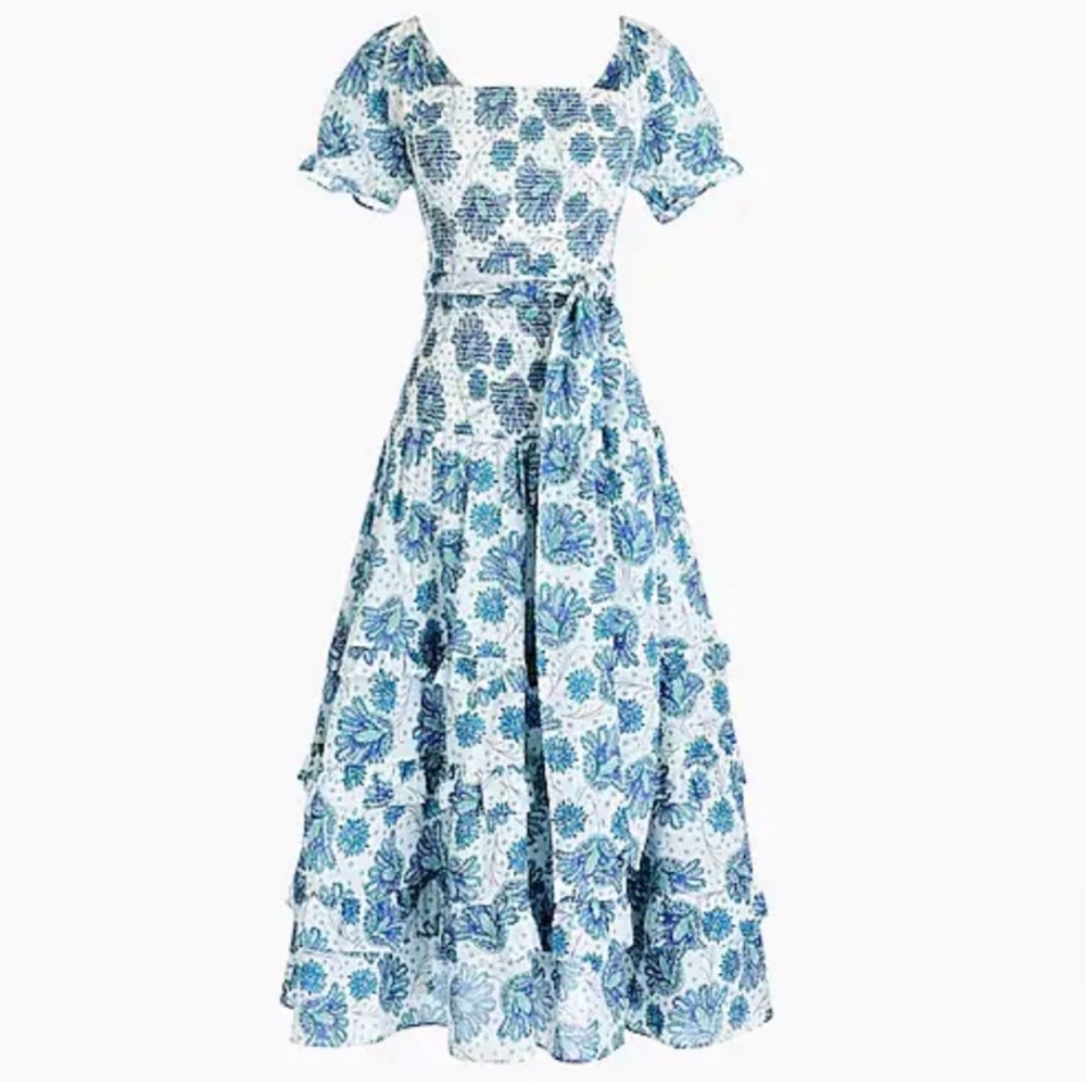 J.Crew Smocked Prairie Blue and Green Floral Dress Size 0
